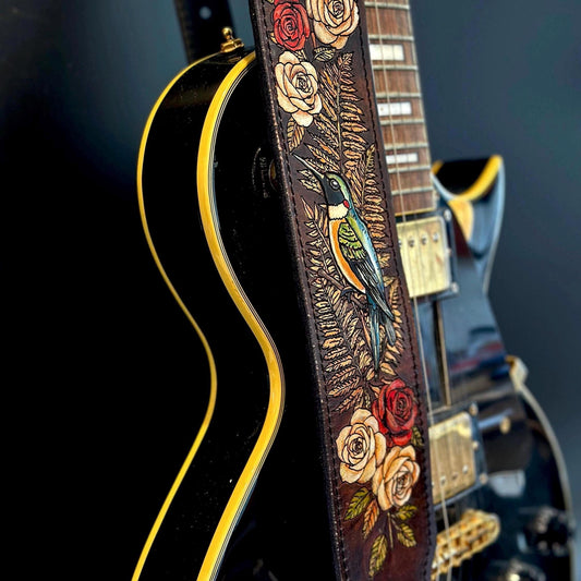 Personalized Bird Guitar Strap - Retro Style strap for Acoustic, Bass, Classical & Electric Guitar - Gift for her/him/them - Hummingbird