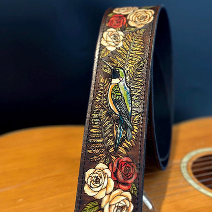 Personalized Bird Guitar Strap - Retro Style strap for Acoustic, Bass, Classical & Electric Guitar - Gift for her/him/them - Hummingbird